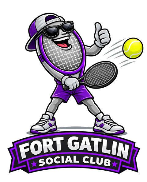 Fort Gatlin Social Club mascot — a smiling tennis racket in sunglasses giving a thumbs up